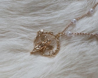 18k Gold Angel Cherub Necklace, Imitation Pearl Chain, Vintage Style