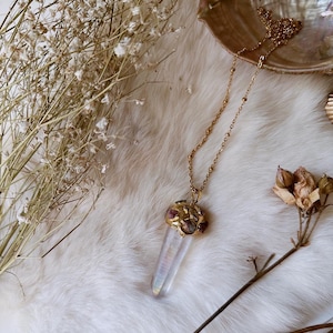 18k gold Angel aura quartz pink tourmaline pendant, siren necklace, healing jewelry, aesthetic jewelry