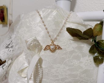 Heart Winged Angel Necklace, Faux Pearl Coquette Jewelry