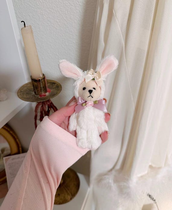 Cute custom teddy bear bunny rose keychain, bunny keychain, coquette  keychain, plush keychain, vintage keychain, rose keychain, bow keychain