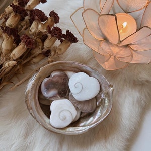 May include: A collection of heart-shaped polished stones, including a brown and white fossilized ammonite, displayed in a natural seashell bowl. The bowl is on a white fluffy surface.