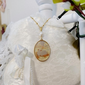 18k gold Vintage German swan painting necklace, swan necklace, vintage jewelry, vintage swan, pearl necklace, coquette jewelry,Venus jewelry