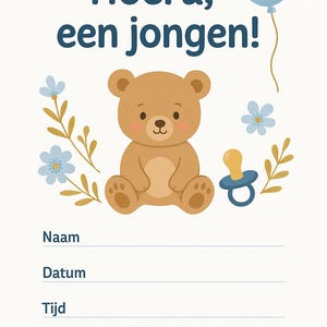 Hoera Een Jongen Geboortekaart – Invulbare Babykaart – Printbare Poster Geboorte Jongen – Digitale Download