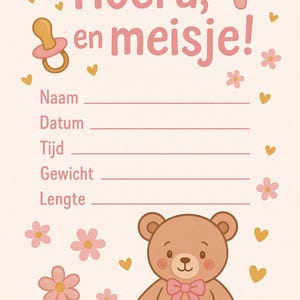 Anuncio de nacimiento de niña: ¡Hurra! - Tarjeta de bebé rellenable - Póster imprimible - Descarga digital