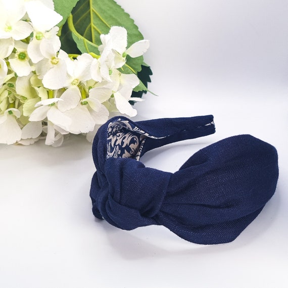 Navy Linen Top Knot Headband: William Morris Lining  display picture 2