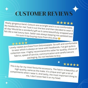 May include: A blue gradient background with white text that reads "CUSTOMER REVIEWS." Three white rectangles contain customer reviews with star ratings. The reviews praise the product's comfort, quality, and the seller's service.
