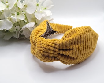 Mustard Corduroy Knot Headband: Liberty Print Lined Alice Band