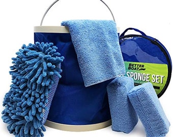 Boat Cleaner Microfiber Sponge Bucket and Microfiber Wash Cloths | Interior Exterior Seats and Fiberglass Hull Cleaning Kit Washing Sponges