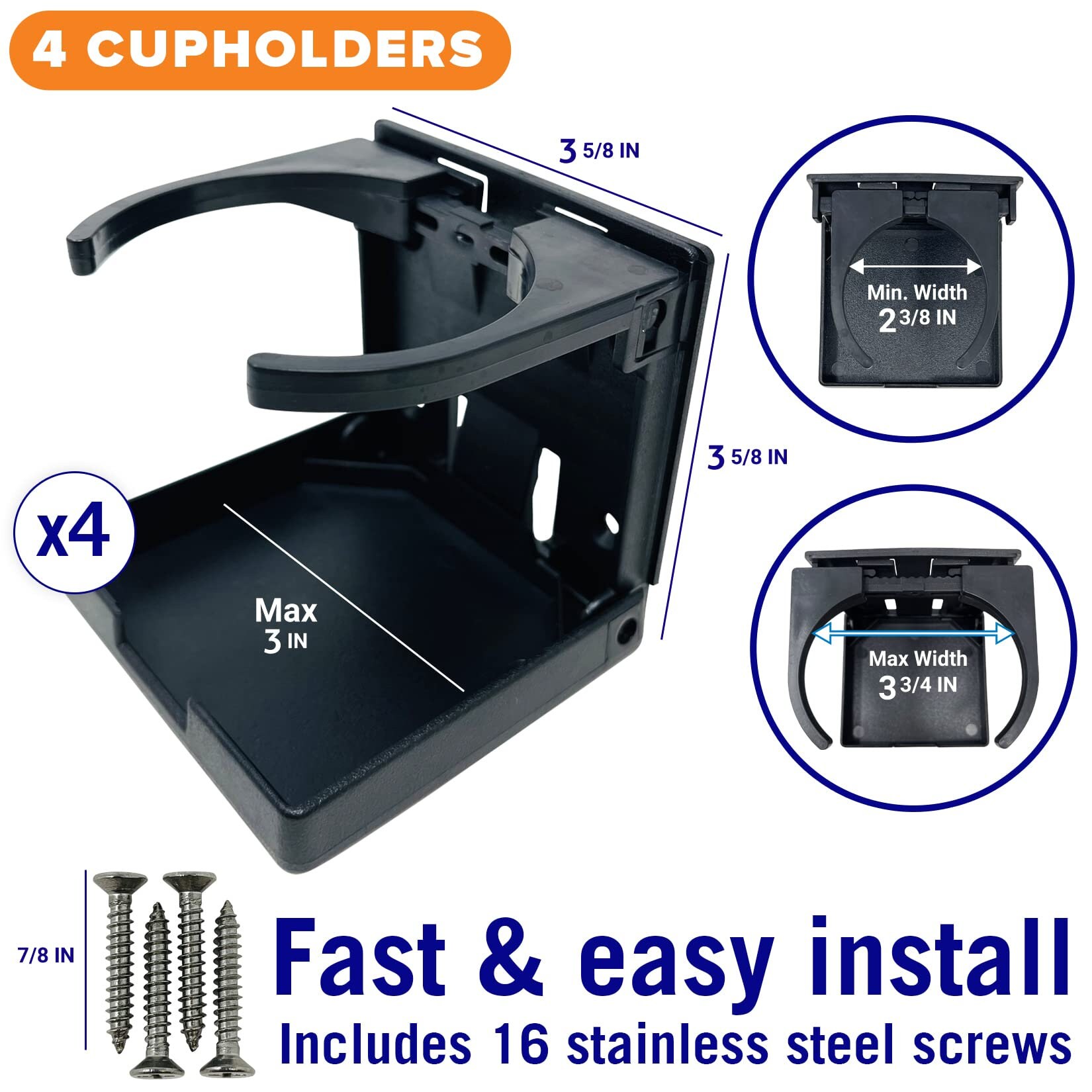 Boat Cup Holder Black Set of 4 Folding Boat Cup Holders for Drinks Wall Cup Holder for Boat & RV