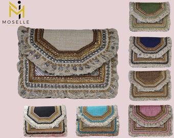 May include: A set of 10 colorful clutches with beaded and fringed embellishments. The clutches are made of a variety of materials, including fabric, jute, and leather. Each clutch has a unique design and color combination.
