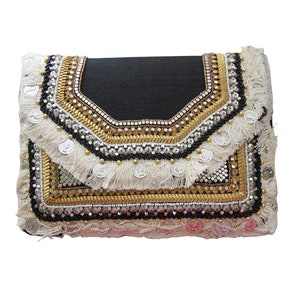 Moselle Beauty Accessoires Boho Münze Clutch-Tasche Jute-Clutch mit Kette Für Damen Leicht Stilvoll Klassisch Schwarz