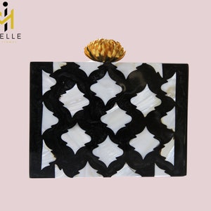 Moselle Beauty Accessories Resin Mother of Pearl Inlay Clutch Bag, Black and White Chequered Purse,  High-Quality Resin Clutch For Women