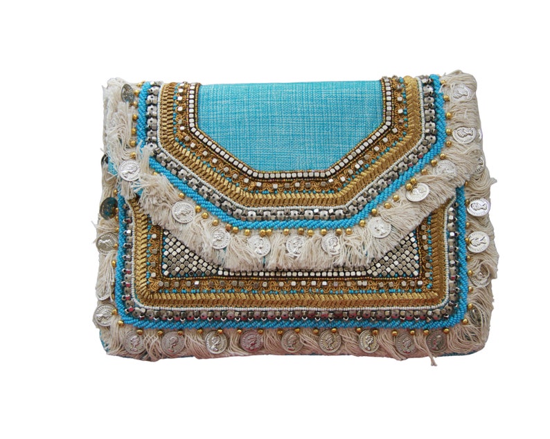 Moselle Beauty Accessoires Boho Münze Clutch-Tasche Jute-Clutch mit Kette Für Damen Leicht Stilvoll Klassisch Sky Blue