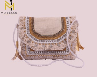 Moselle Beauty Accessoires - Coin Boho Sling Tasche - Mit Sling - Für Frauen - Jute - Böhmisch - Leicht - Stilvoll - Klassisch