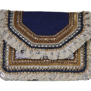 Moselle Beauty Accessoires Boho Münze Clutch-Tasche Jute-Clutch mit Kette Für Damen Leicht Stilvoll Klassisch Blau