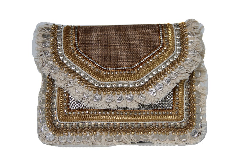 Moselle Beauty Accessoires Boho Münze Clutch-Tasche Jute-Clutch mit Kette Für Damen Leicht Stilvoll Klassisch Braun