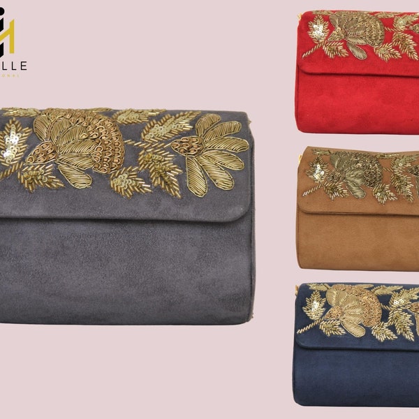 Moselle Beauty Accessories- Evening Suede Clutch Bag With Chain- For Women- Stylish Sequins Design- Classic- Elegant- Unique- Wedding Bag