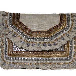 Moselle Beauty Accessoires Boho Münze Clutch-Tasche Jute-Clutch mit Kette Für Damen Leicht Stilvoll Klassisch Beige