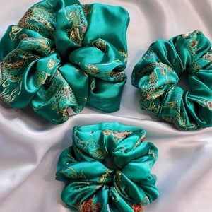 Dragon Asian Silk Scrunchie | Silk Satin Scrunchie | Hair Accessories | Smooth Hair Scrunchie | Hair Tie - Emerald