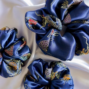 Dragon Asian Silk Scrunchie | Silk Satin Scrunchie | Hair Accessories | Smooth Hair Scrunchie | Hair Tie - Royal Blue