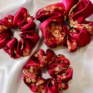 Blossom Asian Silk Scrunchie | Silk Satin Scrunchie | Hair Accessories | Smooth Hair Scrunchie | Hair Tie - Cherry/Gold