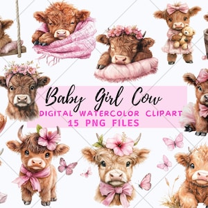 Baby Girl Highland Kuh Aquarell Clipart PNG Bundle. Neugeborene Kinder Nursery Art.Instant Download