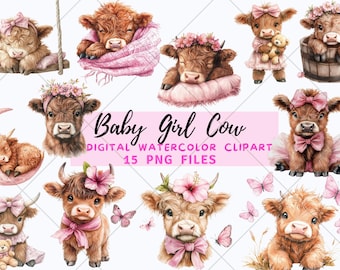 Baby Girl Highland Cow Watercolor Clipart PNG Bundle. Newborn Children Nursery Art.Instant Download