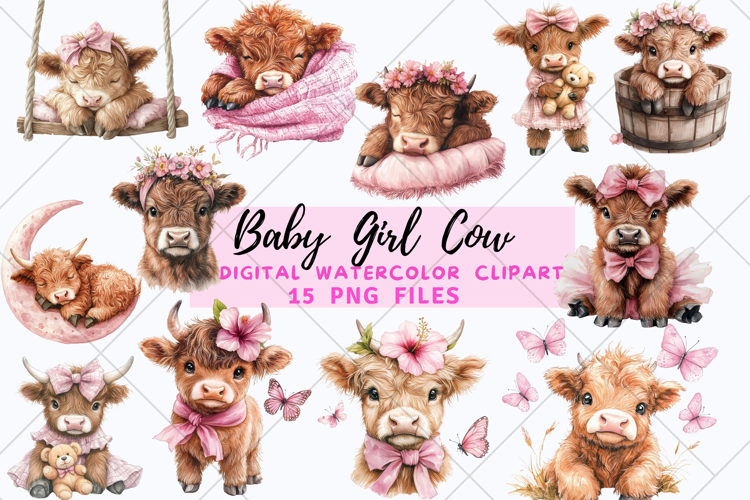Baby Girl Highland Cow Watercolor Clipart PNG Bundle. Newborn Children ...