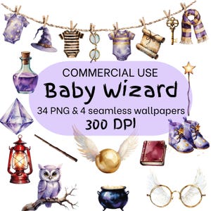 ベビーシャワーの魔法使いの学校のクリップアート、魔法使いと魔女の PNG、気まぐれな水彩画、魔法使いの男の子、女の子、物干しロープ、ベビーモビール、商用利用