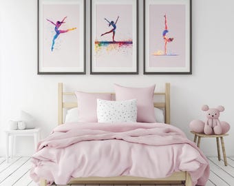 Aquarel gymnastiekprintset: kamerdecoratie heldere gymnaste meisjeskamer (digitale download)