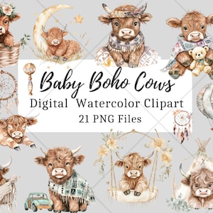 Boho Baby Highland Cow Watercolor Clipart PNG Bundle. Newborn Children Nursery Art.Instant Download