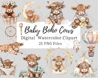 Boho Baby Highland Cow Watercolor Clipart PNG Bundle. Newborn Children Nursery Art.Instant Download