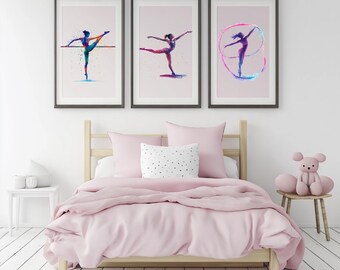 Aquarel gymnastiekprintset: kamerdecoratie turnster meisje (digitale download)