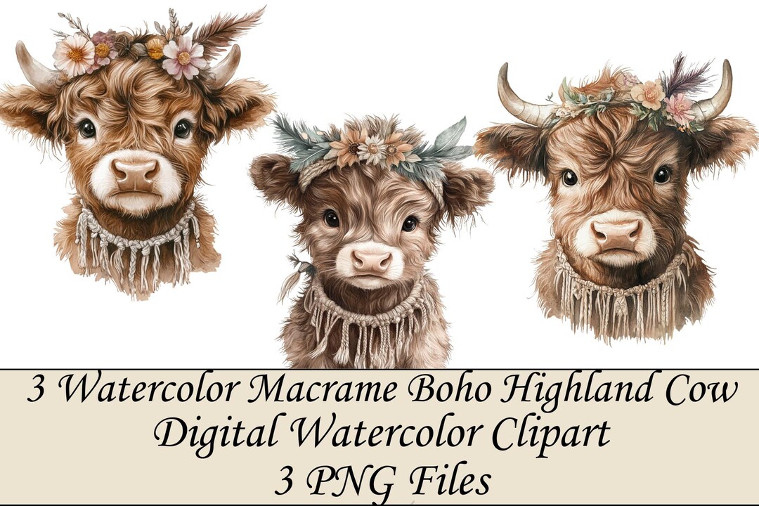 Watercolor Highland Cow Clipart: Boho Macrame PNG Set (commercial Use ...