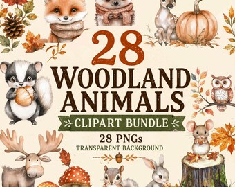 Woodland Animals Clipart Bundle, Watercolor Forest Animals PNG, Fall Woodland Clipart, Boho Nursery Animals