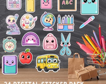 May include: A set of 24 digital stickers depicting school-related items. The stickers include a calculator, ruler, pencils, a chalkboard with "ABC", a clipboard, a microscope, a paint palette, a globe, a pencil holder, a pen, a clock, a protractor, a backpack, scissors, an apple, a notebook, and a school bus.