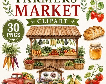 Farmers Market Clipart Bundle, Watercolor Farm Stand PNG, Fruit & Vegetable Clipart, Market Stand Digital Download
