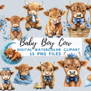 Bebê Menino Highland Vaca Aquarela Clipart PNG Bundle. Arte de Berçário para Crianças Recém-nascidas.Download Instantâneo