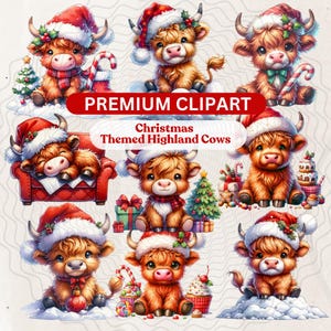 Pacote de clipart adorável de vaca das Terras Altas de Natal | PNGs de 300 DPI para impressão sob demanda | Designs festivos para camisetas, canecas, cartões, designs de sublimação
