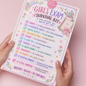 May include: A rectangular paper sign titled Girl's Exam Survival Kit with a pastel floral border. It lists items like mints, snacks, water, pens, eraser, hair tie, tissues, charm, chocolate, lip balm, mindset, and surprise with checkmarks.