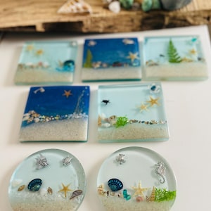 Ocean beach COASTERS sea coastal drinks Coaster Handmade Turtles, Starfish, shells, fish, Seahorses