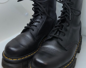 Dr. Martens Black Leather Boots Audrick 8-eye Platform Featuring Air Wair Heel Pull Signature Yellow Stitching Size 9 US