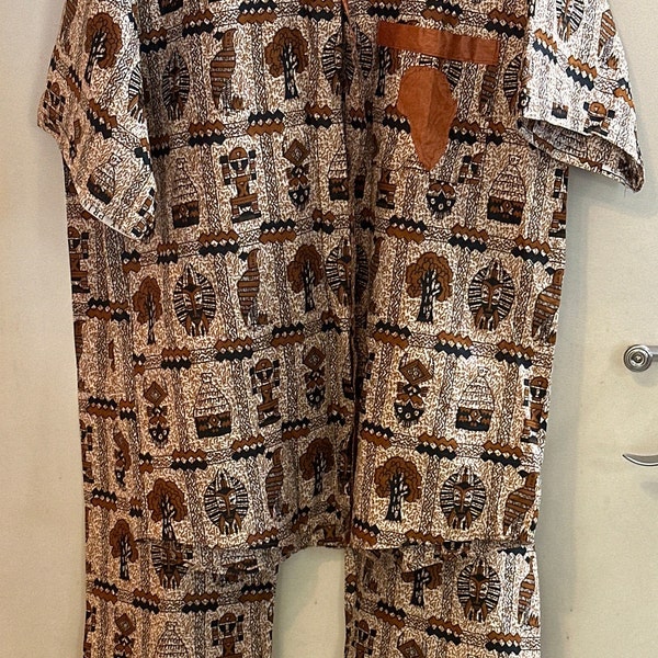 Vintage Handmade Custom 2pc Brown Pant Shirt Hawaiian Fabric Mask Bird Totem Tree Hut Button Up Shirt Draw String Pants Leather Trim Pocket