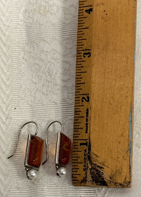 Vintage Amber and Pearl Silver Pair Earrings Balt… - image 9