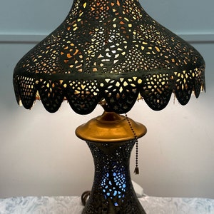 Antique Middle Eastern Moorish Pierced Brass Metal Lamp base lights up