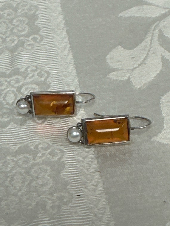 Vintage Amber and Pearl Silver Pair Earrings Balt… - image 5
