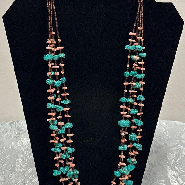 Vintage 4 Strand New Mexico Santo Domingo Heishi Turquoise Nugget Coral Necklace