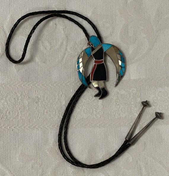 Rare Vintage Native American Zuni Inlay Turquoise Mother Of Pearl Bird Sterling Silver Bolo Rare Vintage Native American Zuni Inlay Turquoise Mother Of Pearl Bird Sterling Silver Bolo
