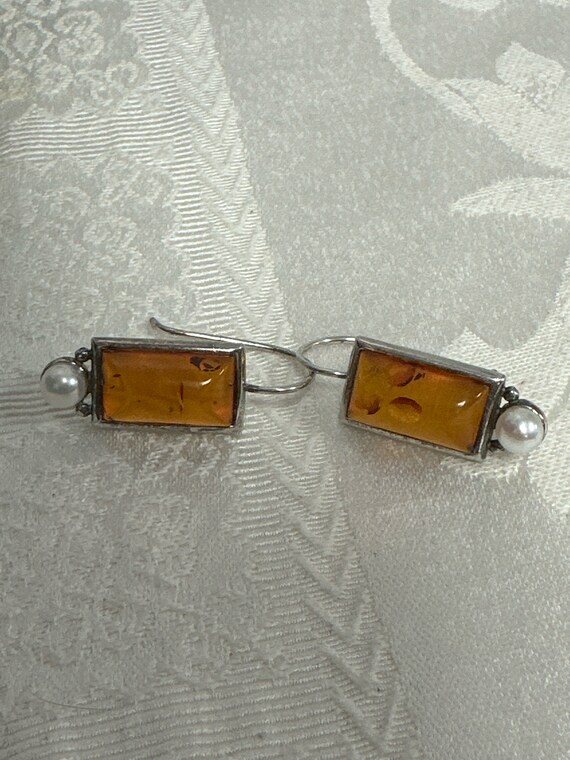 Vintage Amber and Pearl Silver Pair Earrings Balt… - image 4
