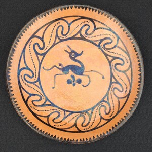 Hand-Painted Mexican Redware Folk Art Plate Stylized Deer with Rhythmic Depictions of Ocean Waves Motif and a Dog's Tooth Border 9.5" inch